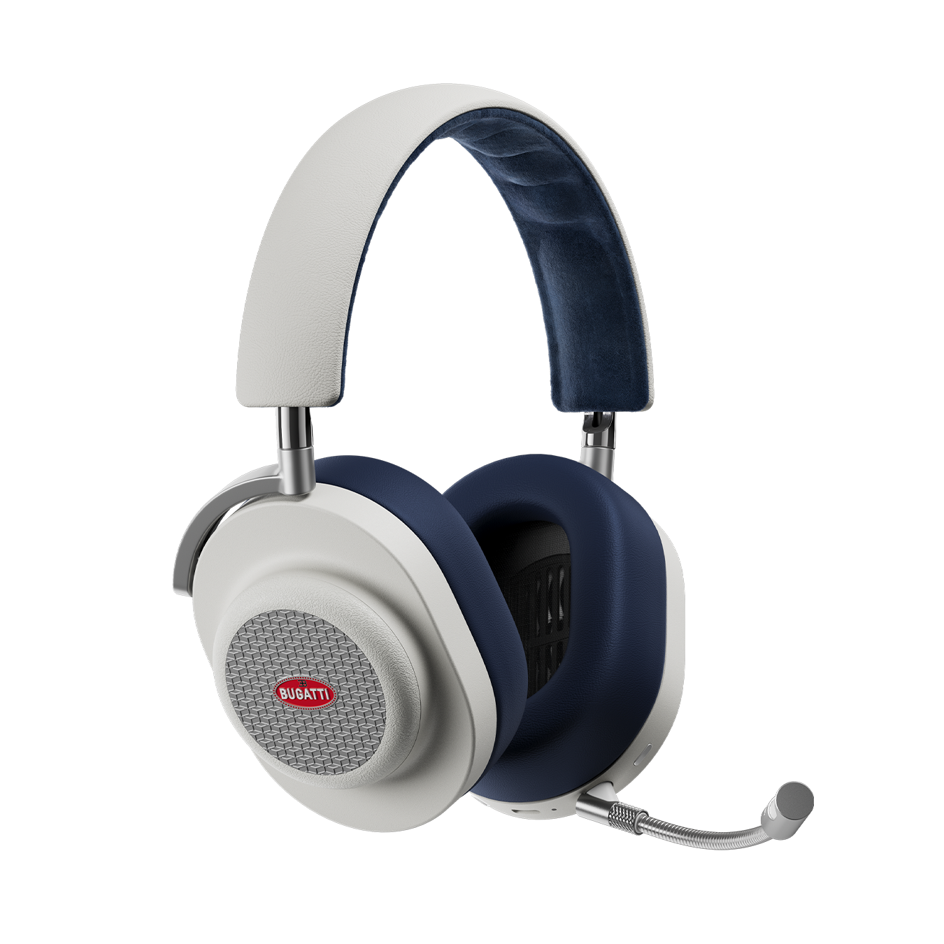 Floating white and navy BUGATTI MG20 Wireless Gaming Headphones with detatchable boom microphone | gallery MG20BGT3
