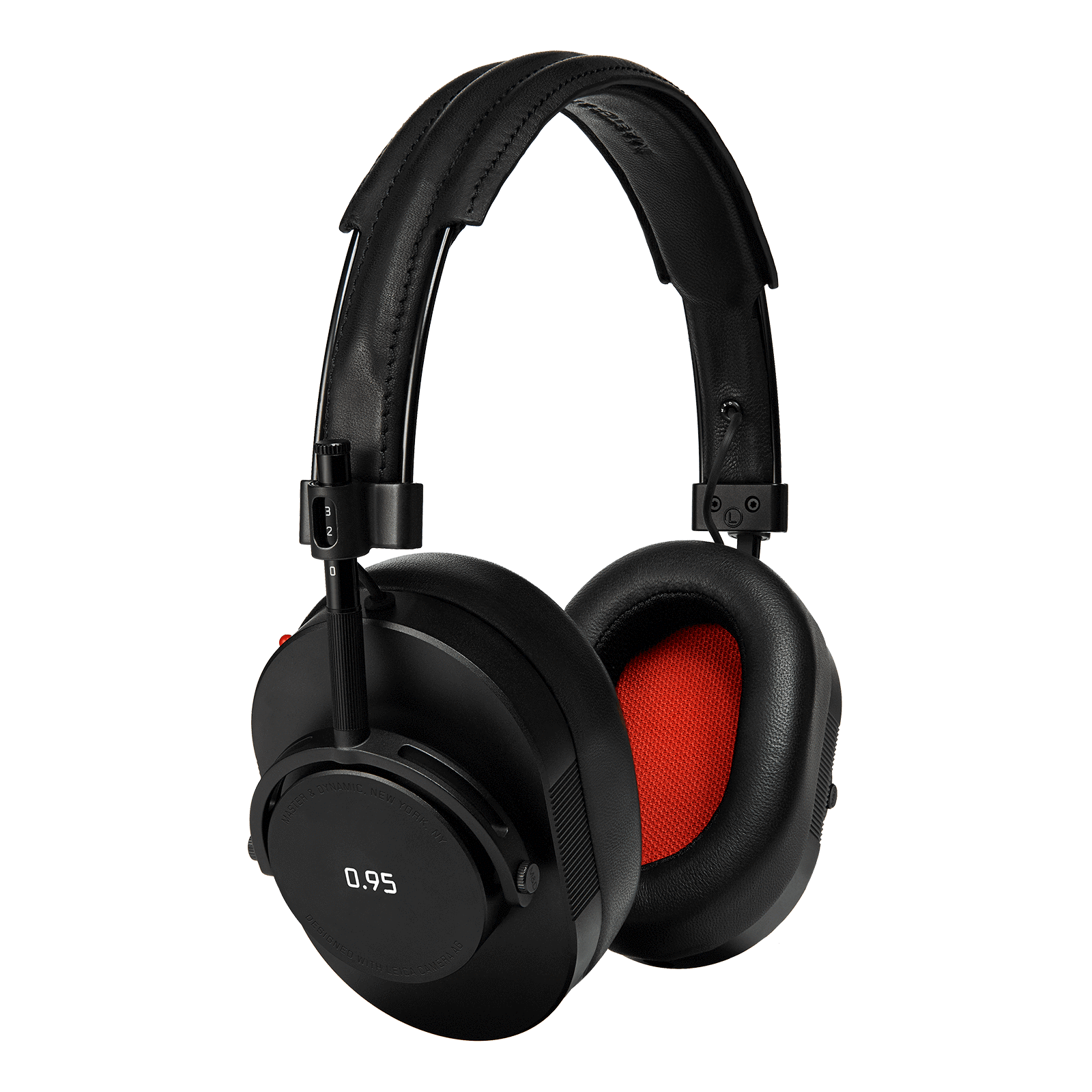 Black leather and metal MH40 Wireless headphones with Leica 0.95 logo on the ear cup and red inner ear pads | gallery MH40B-95