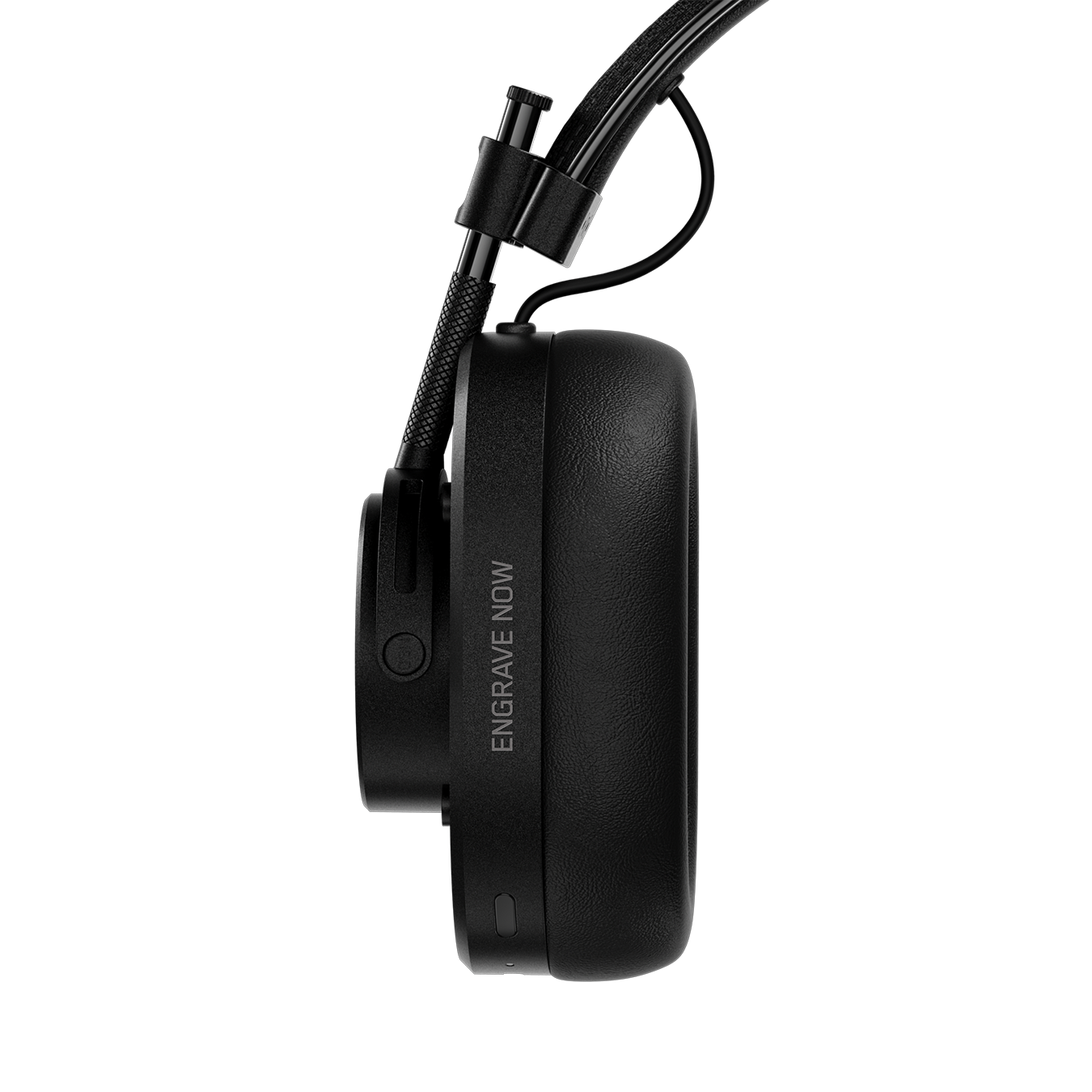 Close-up of black MH40 Wireless Headphones showing ear cup with custom engraving that reads "ENGRAVE NOW" | gallery MH40B1-W2
