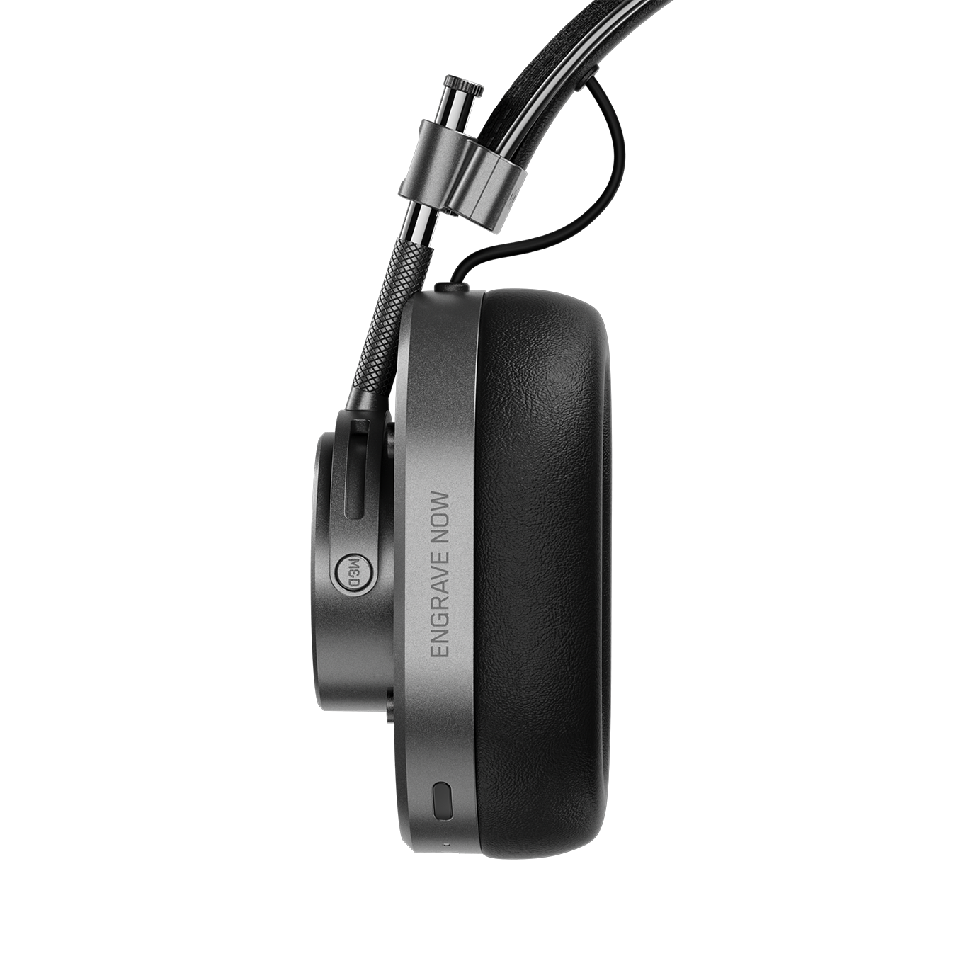 Close-up of gunmetal and black MH40 Wireless Headphones showing ear cup with custom engraving that reads "ENGRAVE NOW" | gallery MH40G1-W2