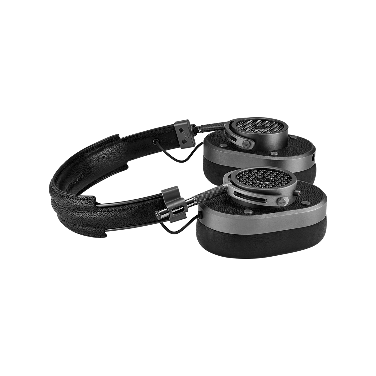 3/4 flat layed view of the MH40 Wired Headphones in gunmetal and black leather | gallery MH40G1