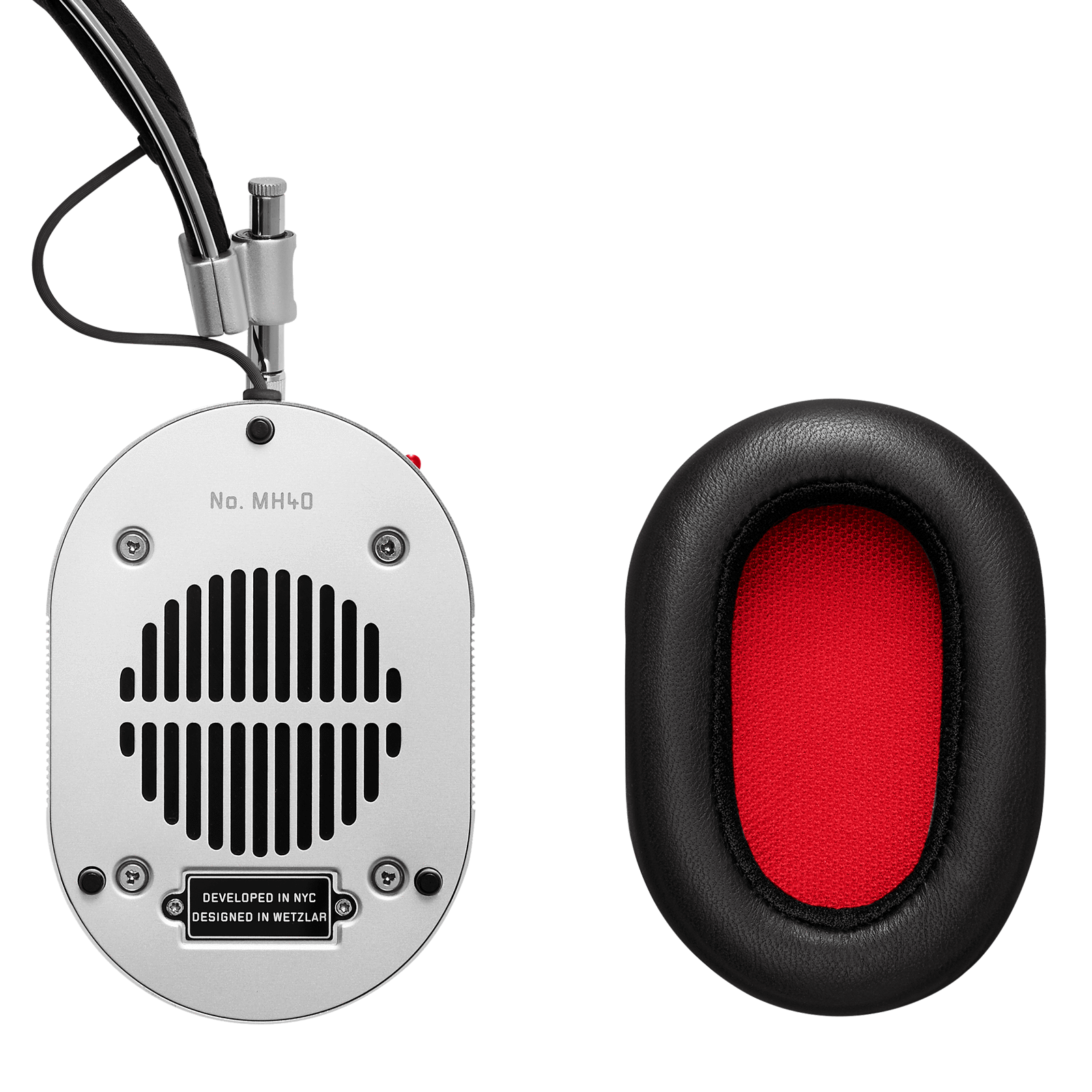 Inside view of the Leica 0.95 MH40 Wireless Headphones' silver metal ear cup with a black leather and red inner ear pads floating to the right  | gallery MH40S-95
