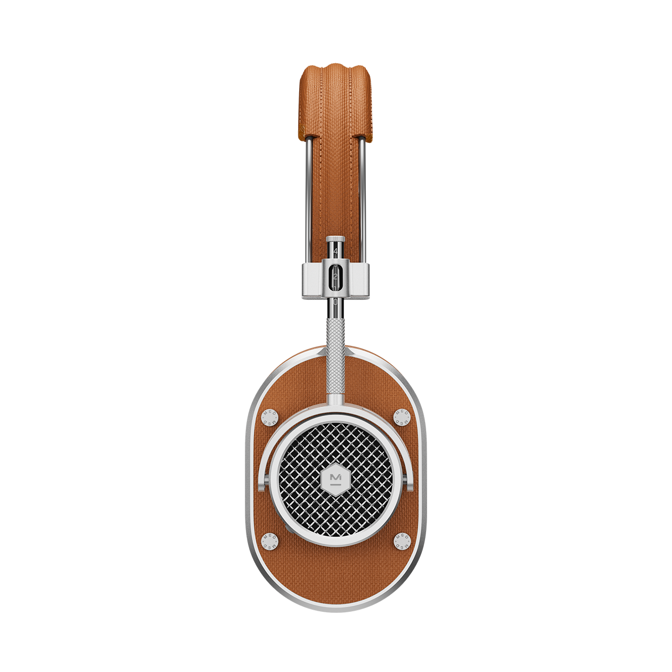 Side view of silver and brown MH40 Wireless Headphones showing headband and ear cup with grille | gallery MH40S2-W2
