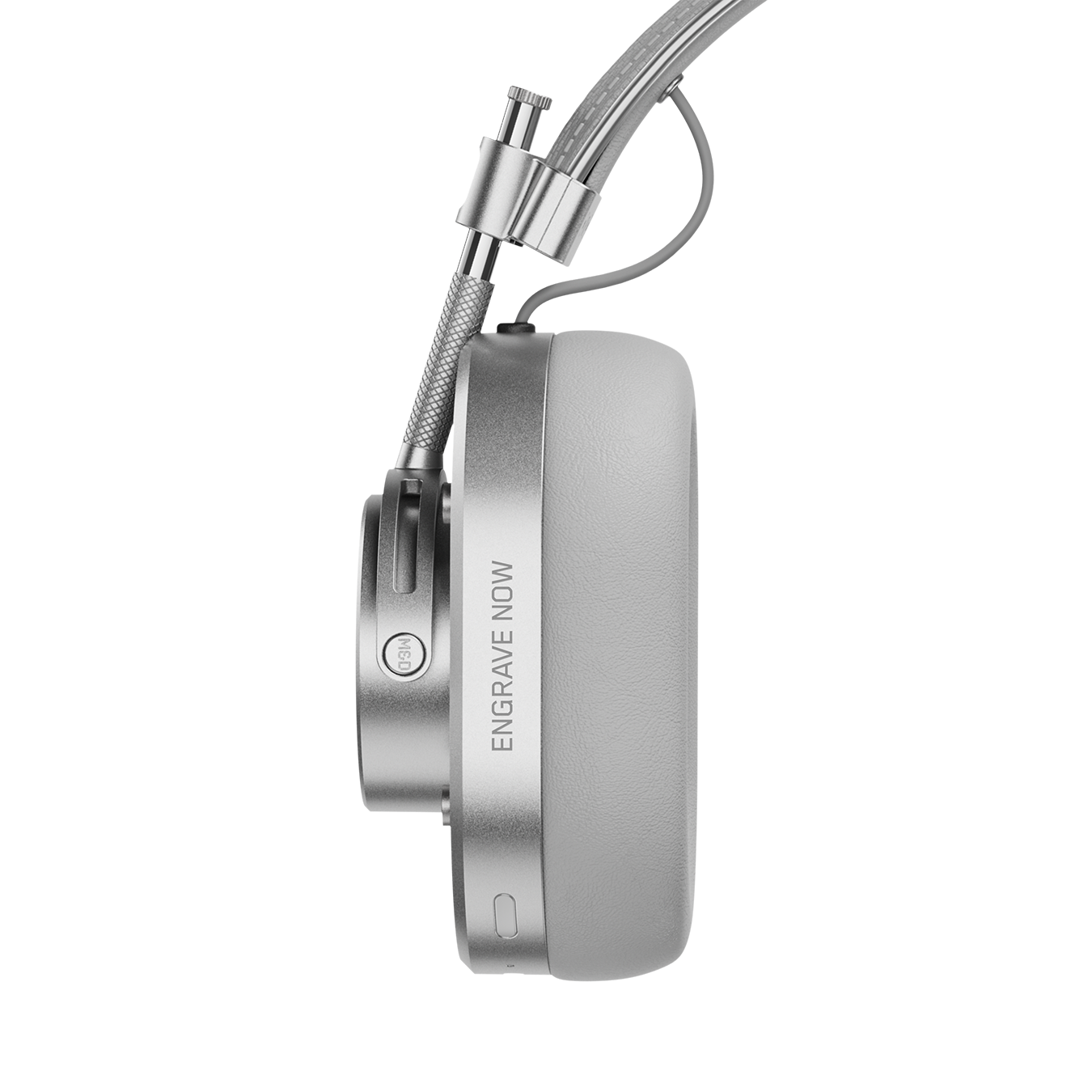 Close-up of silver and grey MH40 Wireless Headphones showing ear cup with custom engraving that reads "ENGRAVE NOW" | gallery MH40S3-W2