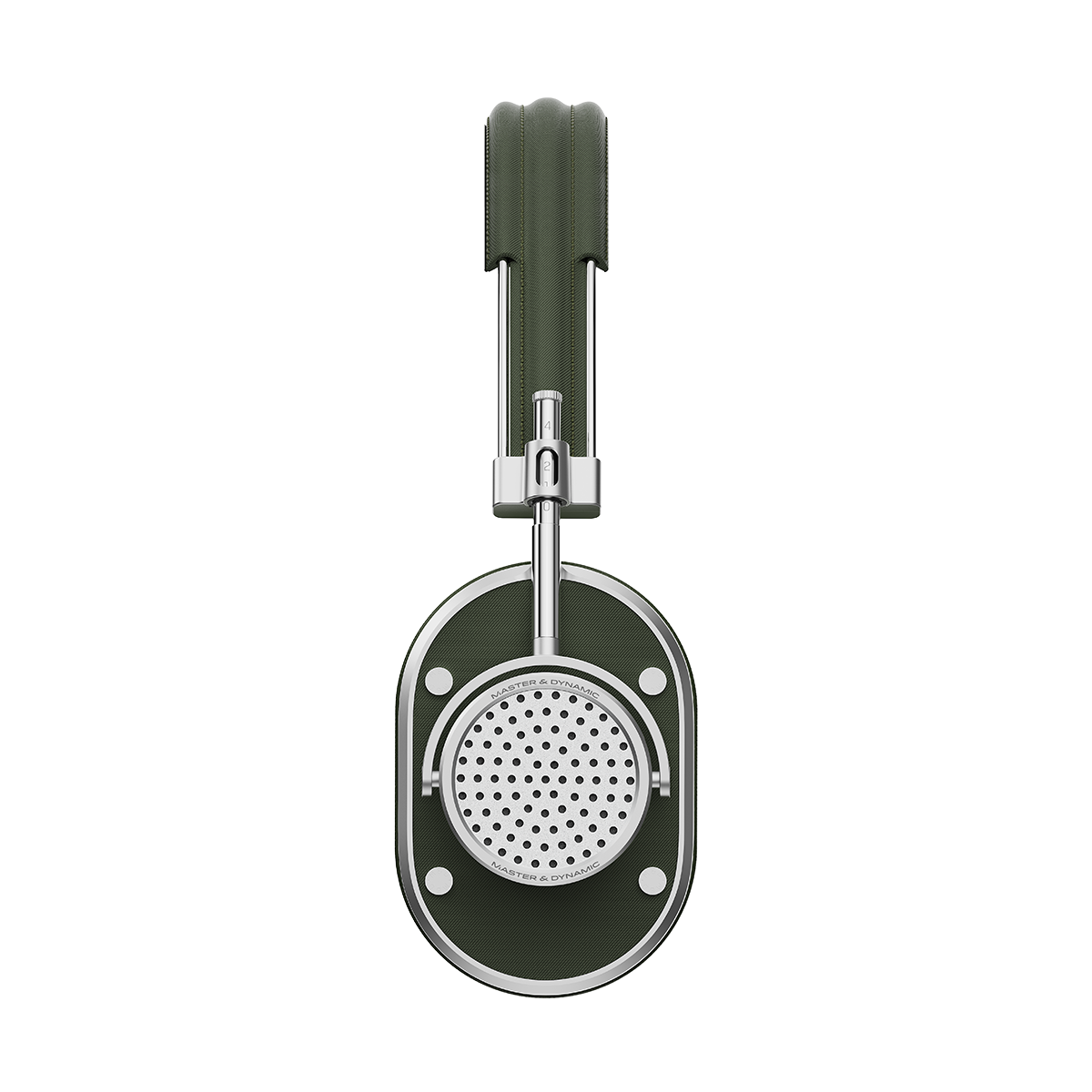 Side profile of a pair of green and orange APPLIED ART FORMS MH40 Wireless Over-Ear Headphones showing the earcup grille details | gallery MH40W2-AAF1