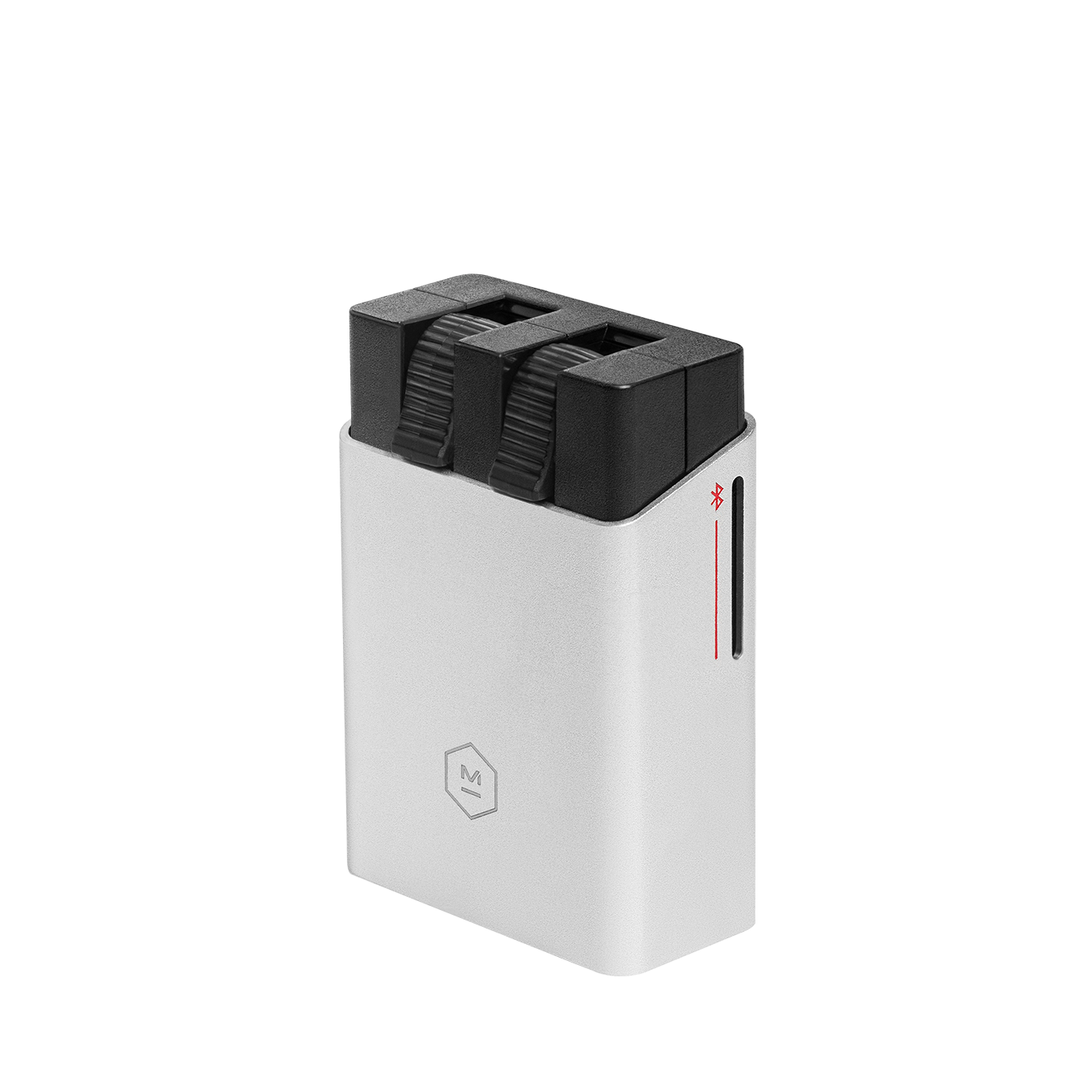 A silver aluminum and black plastic wired-to-wireless bluetooth adapter