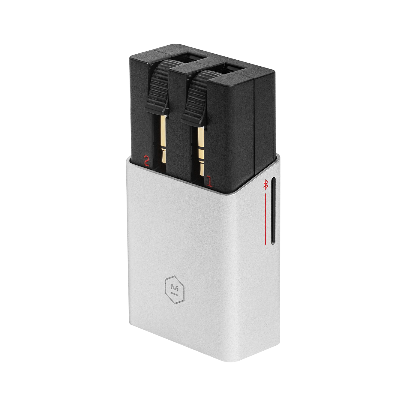 A silver aluminum and black plastic wired-to-wireless bluetooth adapter with one and two-pronged connections visible