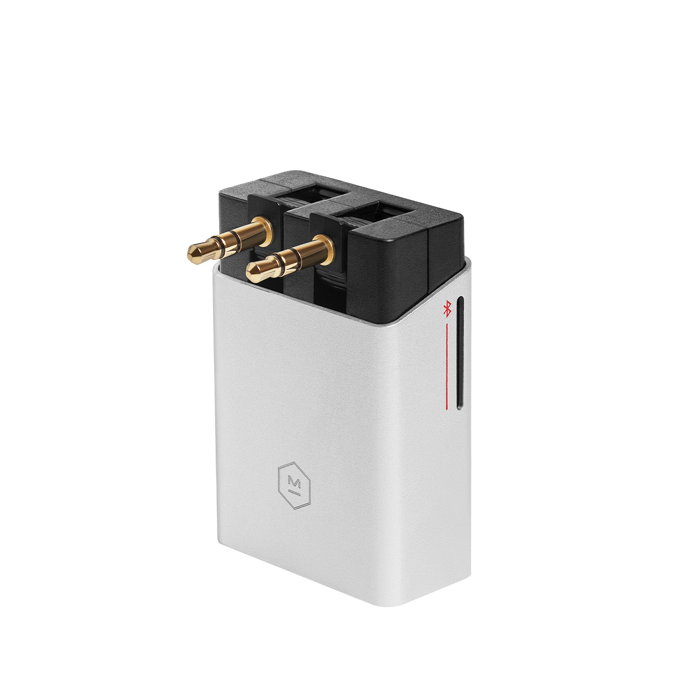 A silver aluminum and black plastic wired-to-wireless bluetooth adapter with two-prong connection extended