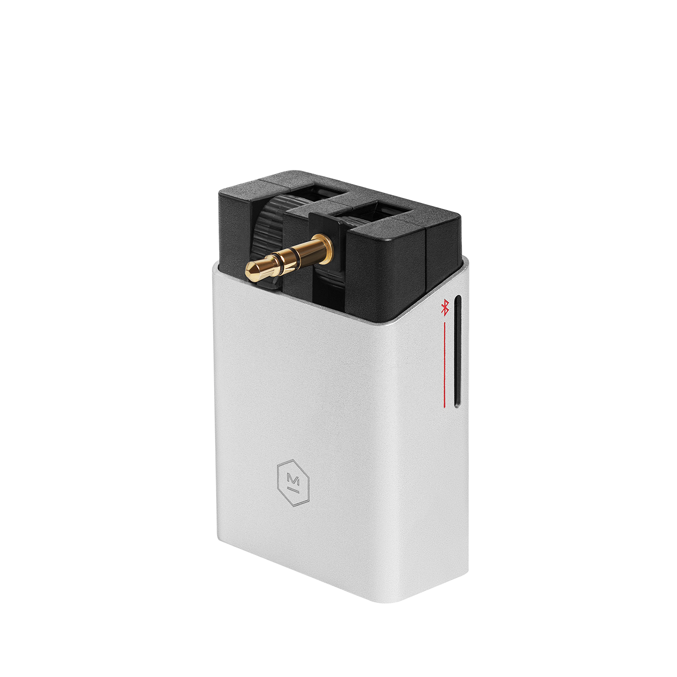 A silver aluminum and black plastic wired-to-wireless bluetooth adapter with one-prong connection extended
