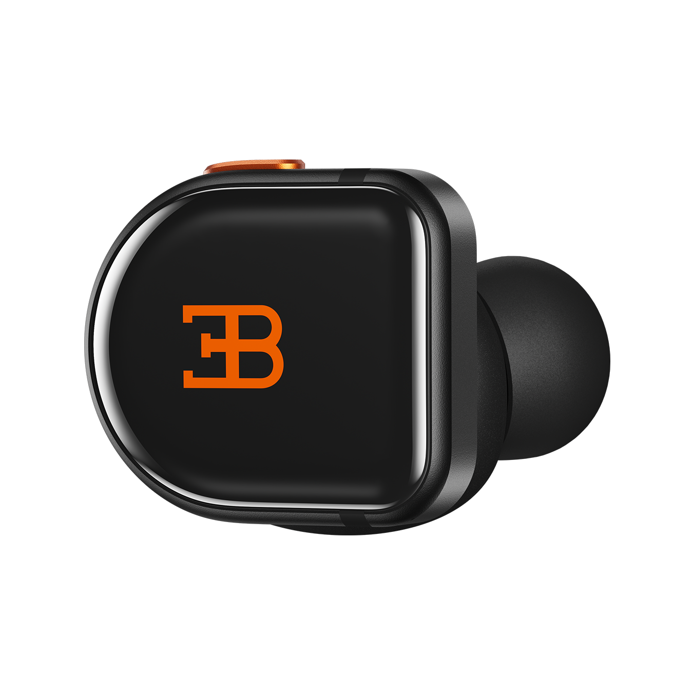 Close-up of a black BUGATTI MW08 True Wireless Earphone shown from the side that faces out when worn | gallery MW08BGT1