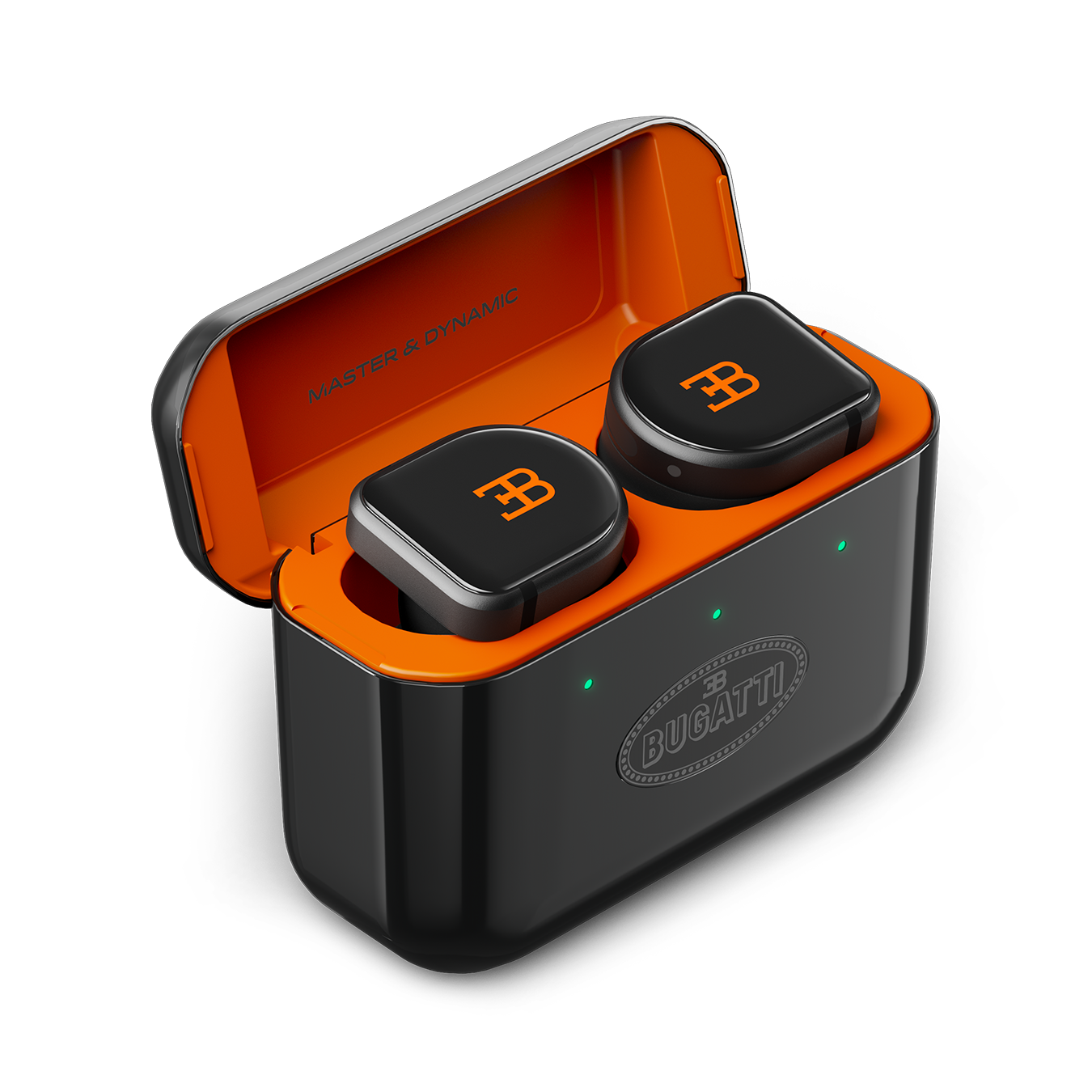 A pair of black BUGATTI MW08 True Wireless Earphones inside an open black and orange charging case | gallery MW08BGT1