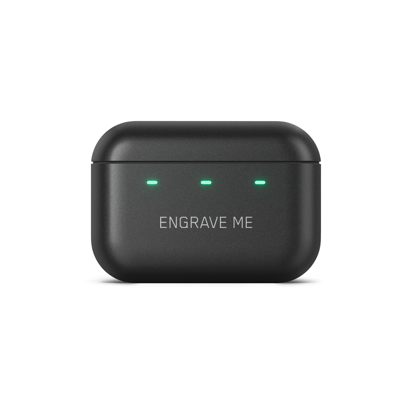 Close-up of a closed black MW09 True Wireless Earphones charging case with custom engraving that reads "ENGRAVE ME" | gallery MW09BK1