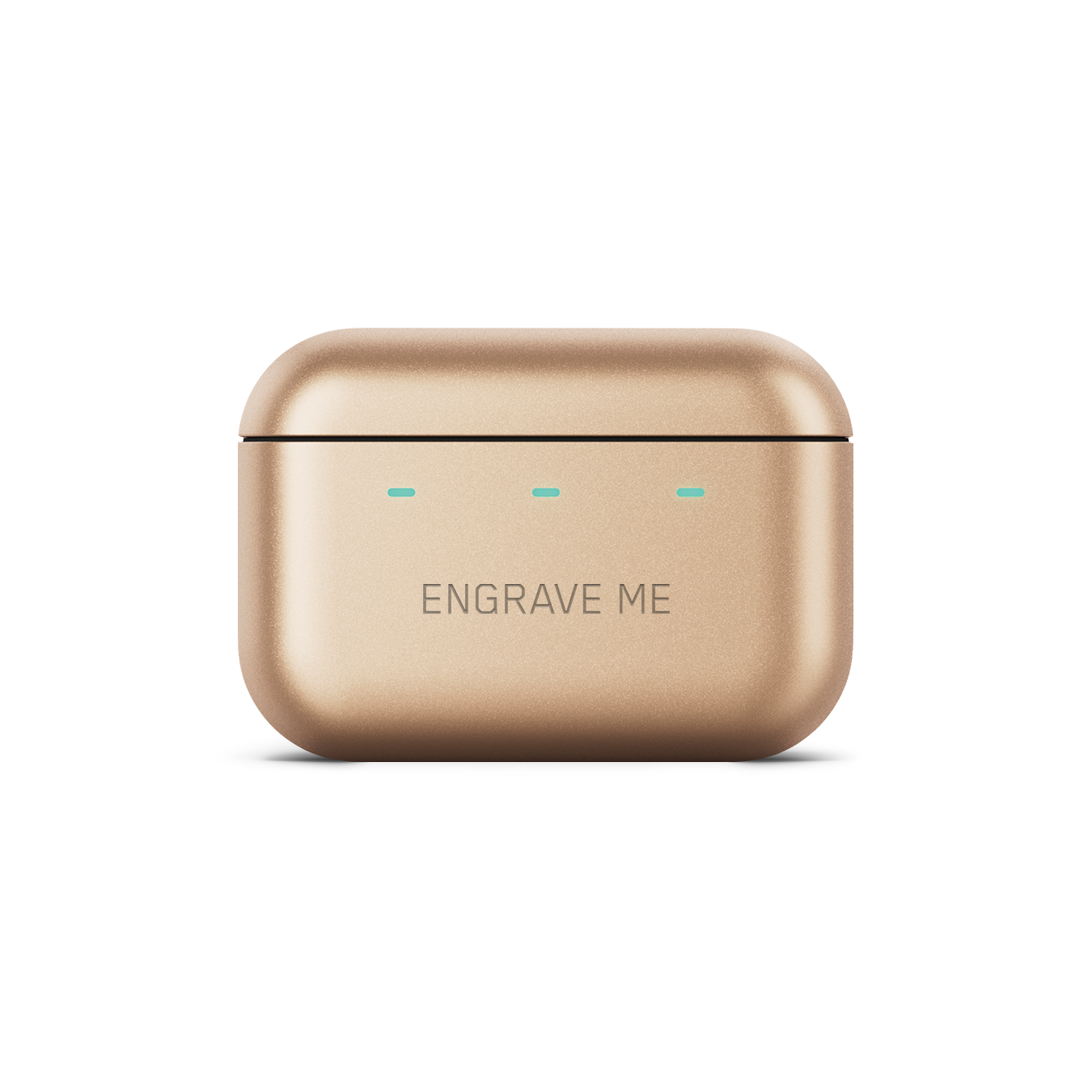 Close-up of a closed gold MW09 True Wireless Earphones charging case with custom engraving that reads "ENGRAVE ME" | gallery MW09GD10
