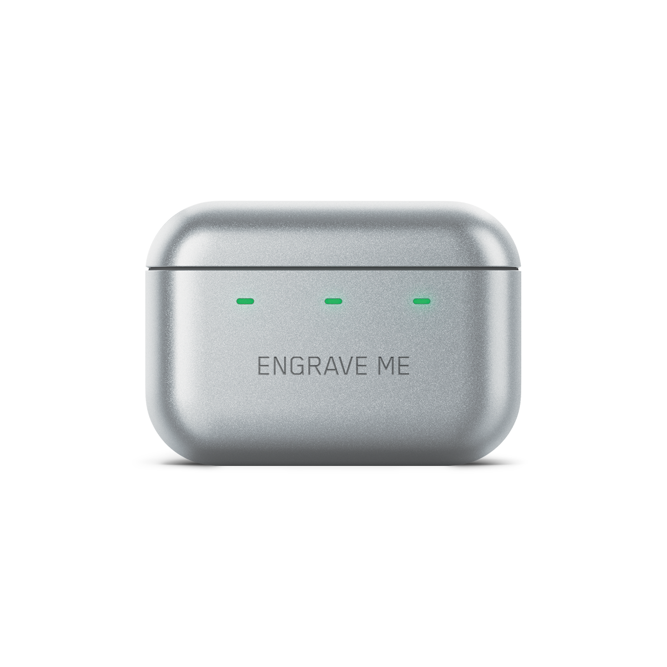 Close-up of a closed silver MW09 True Wireless Earphones charging case with custom engraving that reads "ENGRAVE ME" | gallery MW09S5