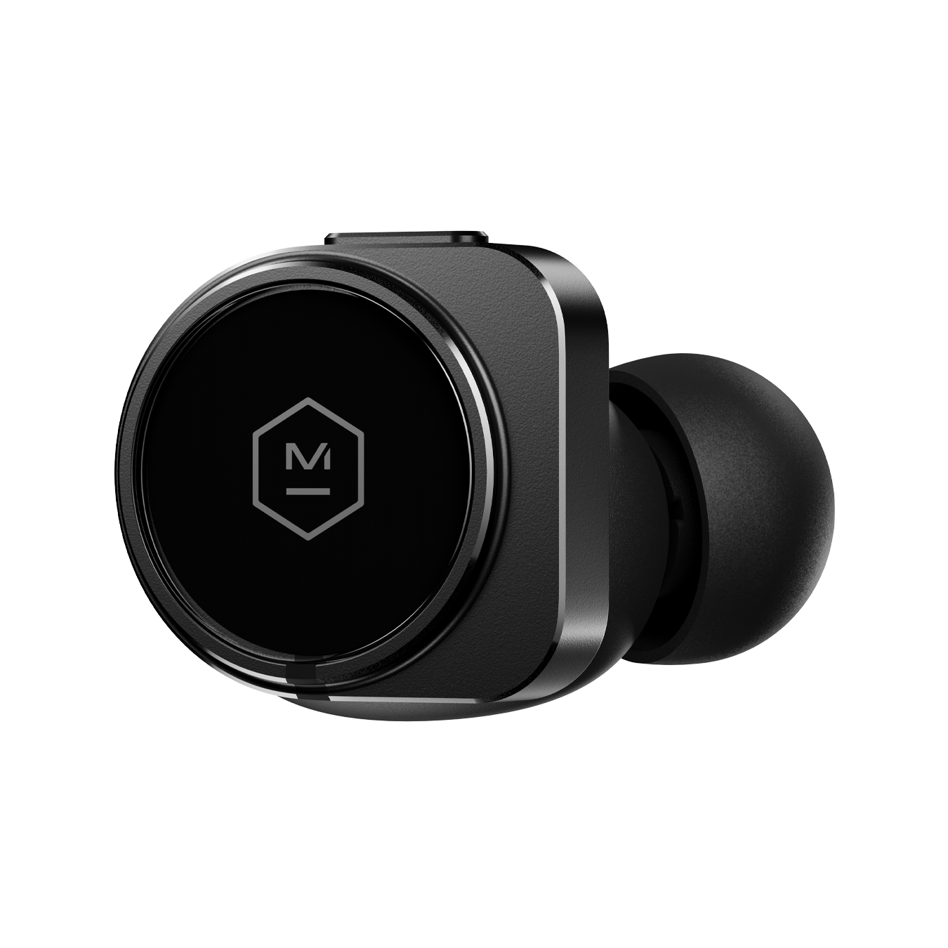 Close-up of a single black MW09 True Wireless Earphone shown from the side that faces out when worn | gallery MW09BK1