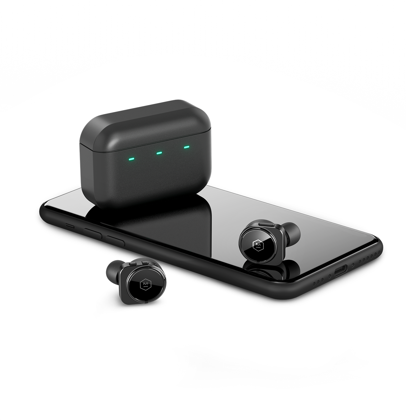 Pair of black MW09 True Wireless Earphones and black charging case next to a black cell phone for scale | gallery MW09BK1