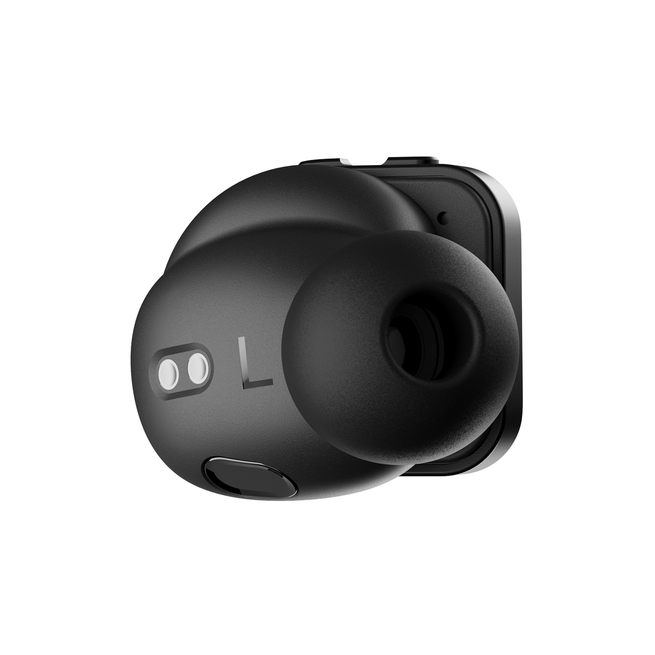 Close-up of a single burgundy and black MW09 True Wireless Earphone shown from the side that faces in when worn, featuring the ear tip and sensors | gallery MW09BK7