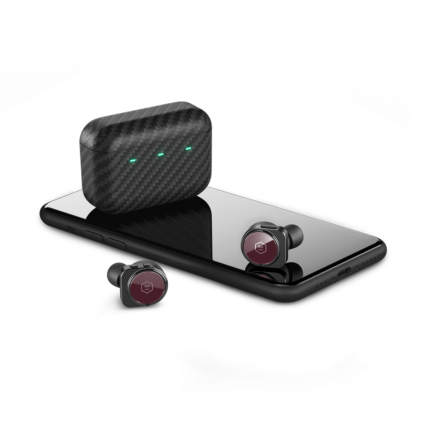 Pair of burgundy and black MW09 True Wireless Earphones and Kevlar charging case next to a black cell phone for scale | gallery MW09BK7