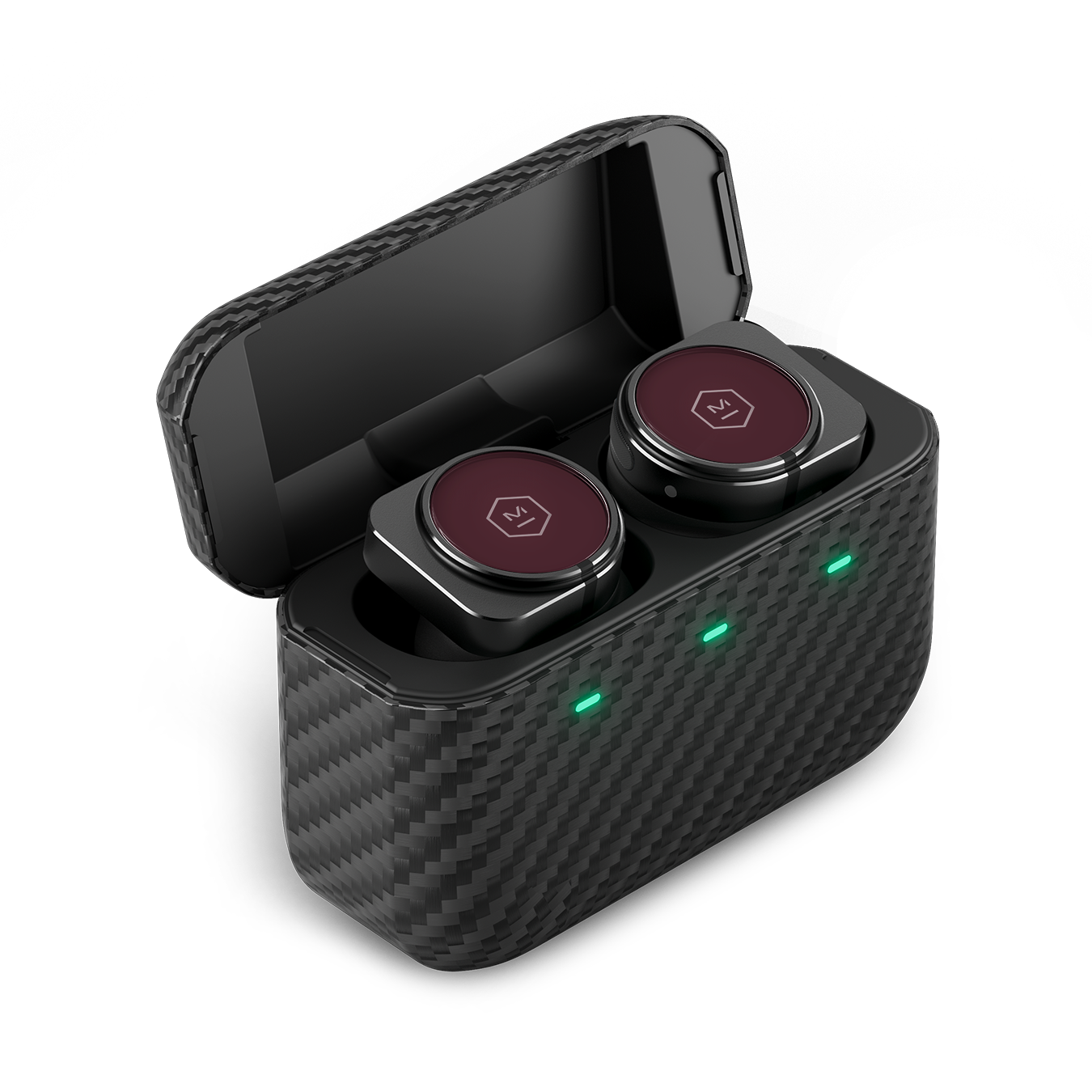 A pair of burgundy and black MW09 True Wireless Earphones inside an open Kevlar charging case | gallery MW09BK7
