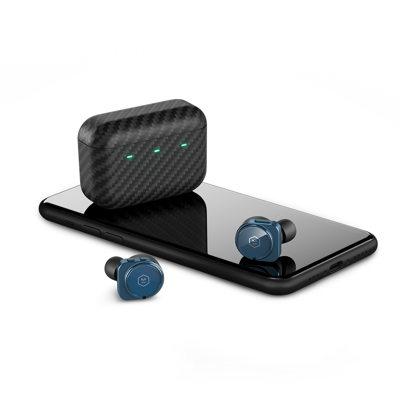 Pair of blue MW09 True Wireless Earphones and Kevlar charging case next to a black cell phone for scale | gallery MW09BL4