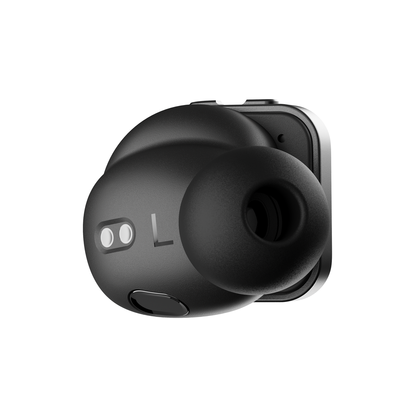 Close-up of a single gunmetal MW09 True Wireless Earphone shown from the side that faces in when worn, featuring the ear tip and sensors | gallery MW09G3