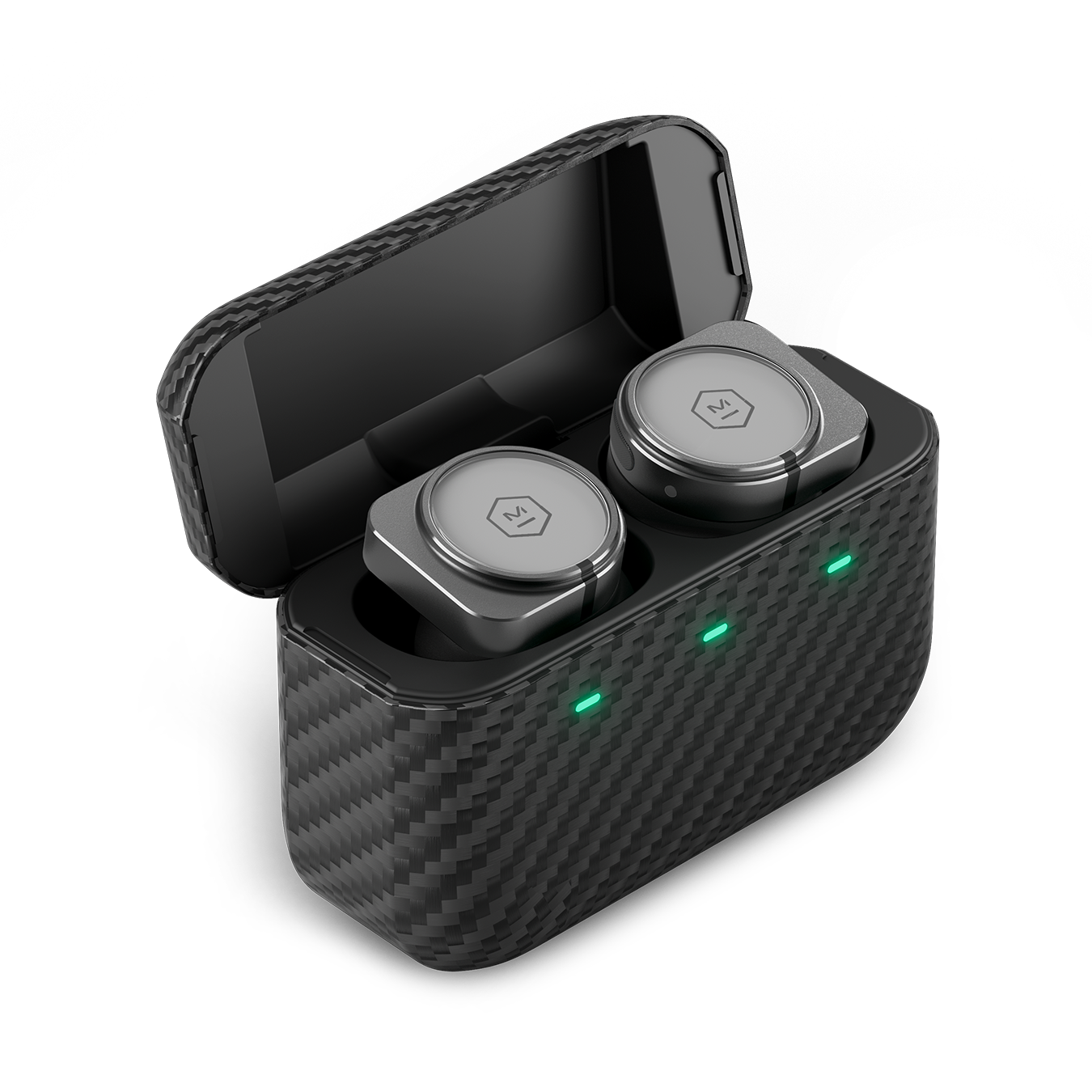 A pair of gunmetal MW09 True Wireless Earphones inside an open Kevlar charging case | gallery MW09G3