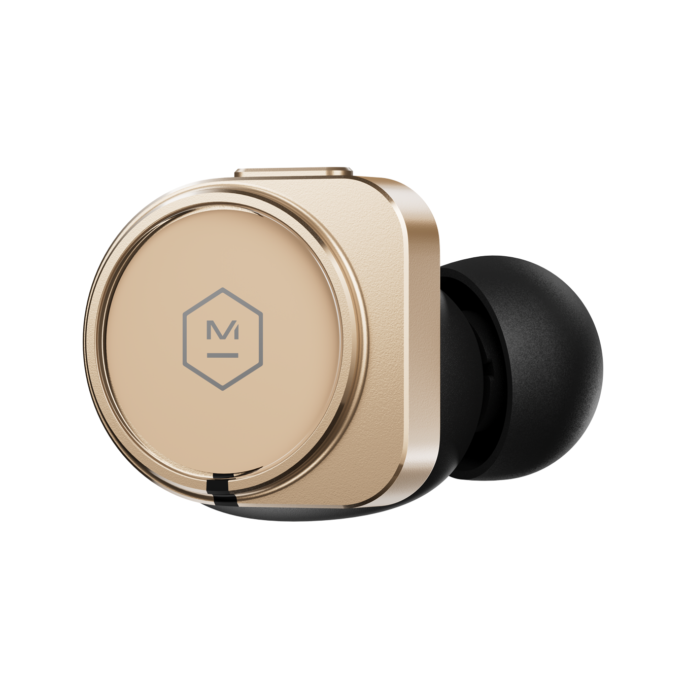 Close-up of a single gold MW09 True Wireless Earphone shown from the side that faces out when worn | gallery MW09GD10