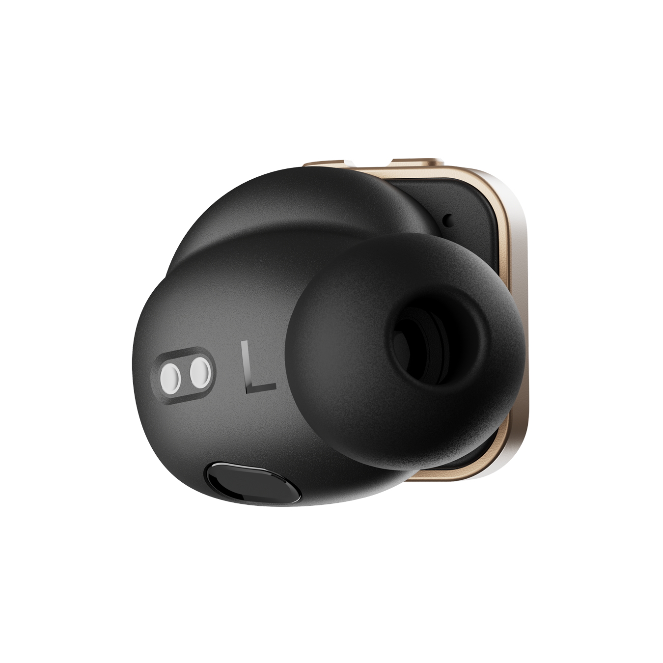Close-up of a single gold MW09 True Wireless Earphone shown from the side that faces in when worn, featuring the ear tip and sensors | gallery MW09GD10