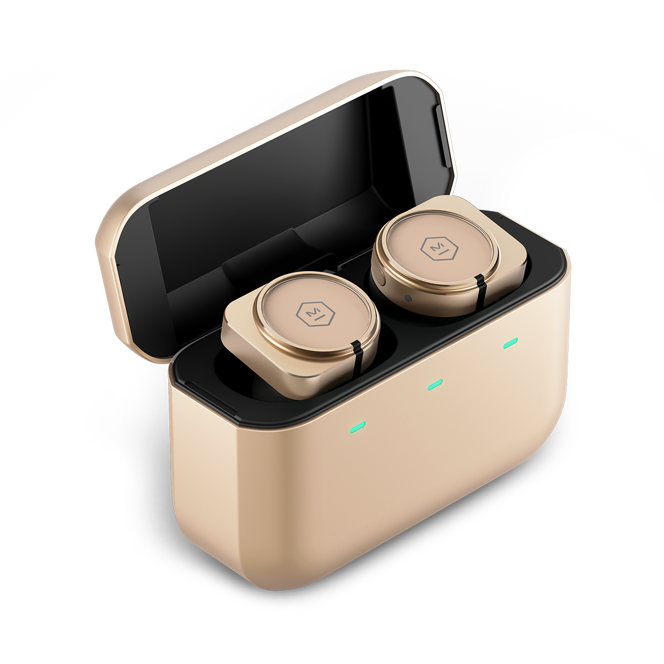 A pair of gold MW09 True Wireless Earphones inside an open gold charging case | gallery MW09GD10