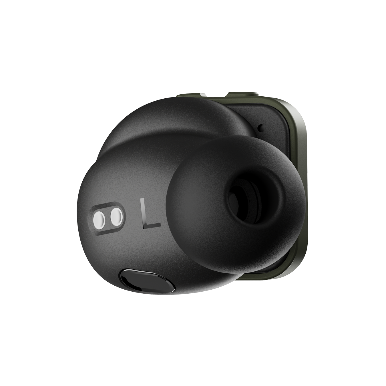 Close-up of a single green MW09 True Wireless Earphone shown from the side that faces in when worn, featuring the ear tip and sensors | gallery MW09GR9