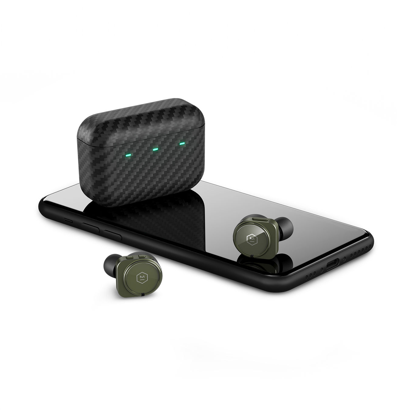 Pair of green MW09 True Wireless Earphones and Kevlar charging case next to a black cell phone for scale | gallery MW09GR9