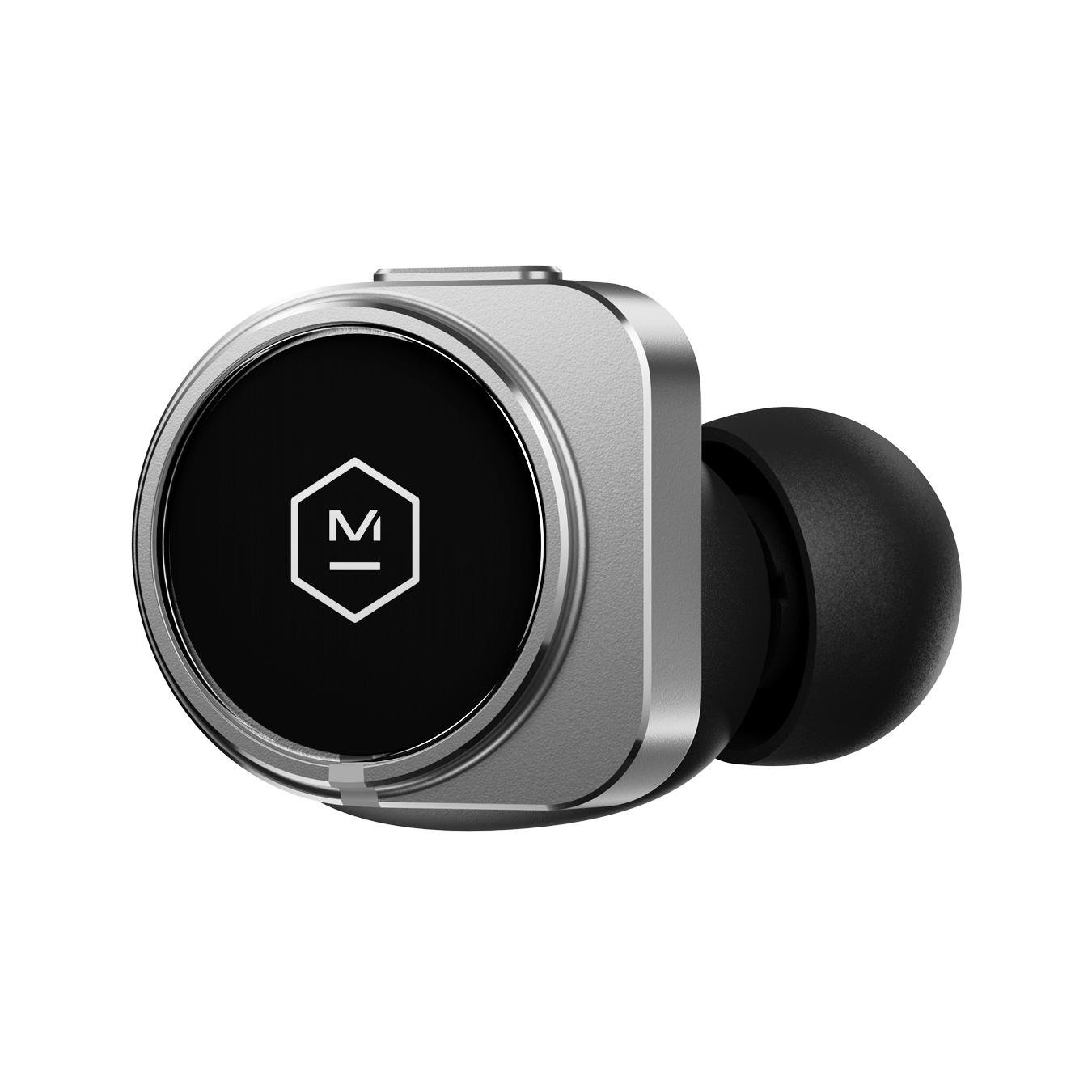 Close-up of a single silver and black MW09 True Wireless Earphone shown from the side that faces out when worn | gallery MW09S1