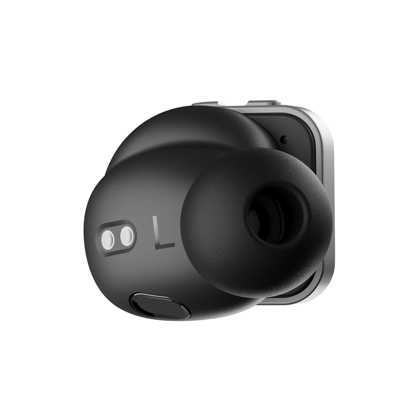 Close-up of a single silver and black MW09 True Wireless Earphone shown from the side that faces in when worn, featuring the ear tip and sensors | gallery MW09S1
