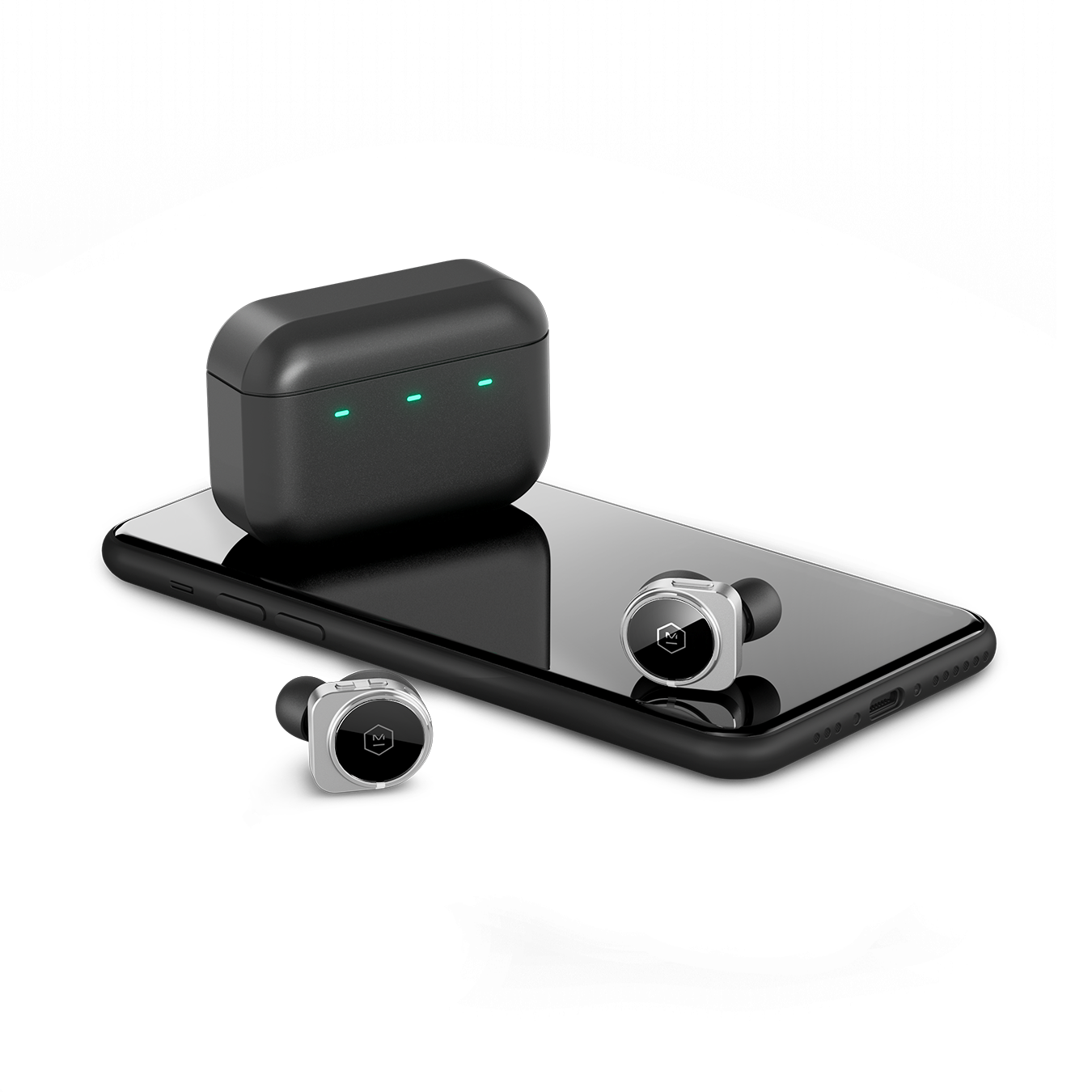 Pair of silver and black MW09 True Wireless Earphones and black charging case next to a black cell phone for scale | gallery MW09S1