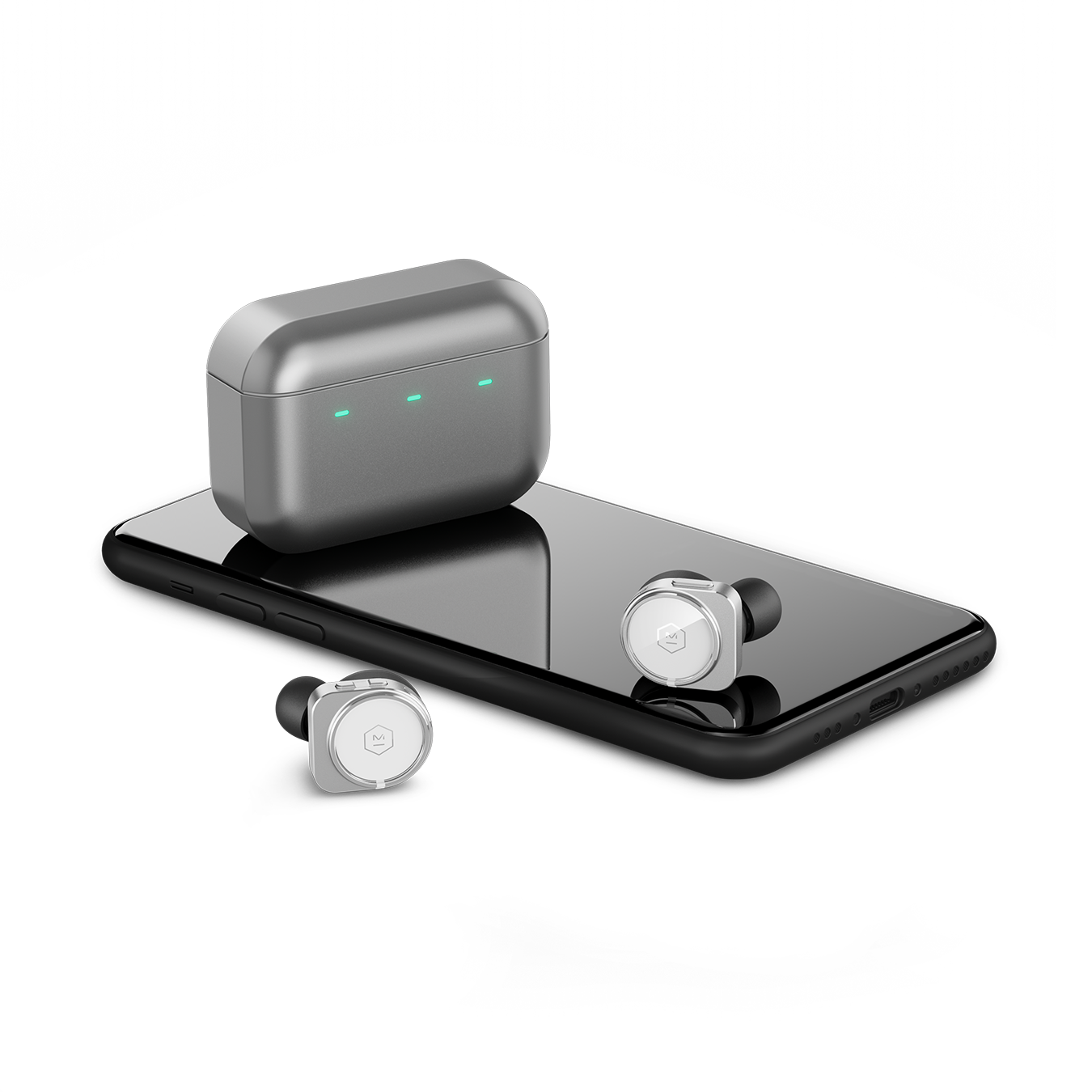 Pair of silver and white MW09 True Wireless Earphones and silver charging case next to a black cell phone for scale | gallery MW09S5