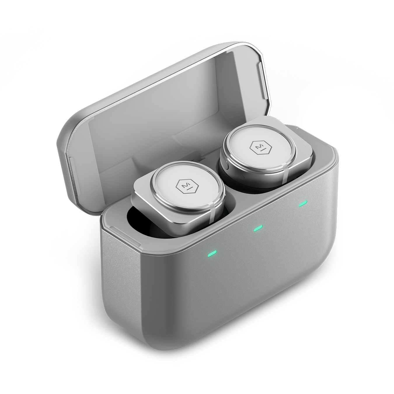 A pair of silver and white MW09 True Wireless Earphones inside an open silver charging case | gallery MW09S5