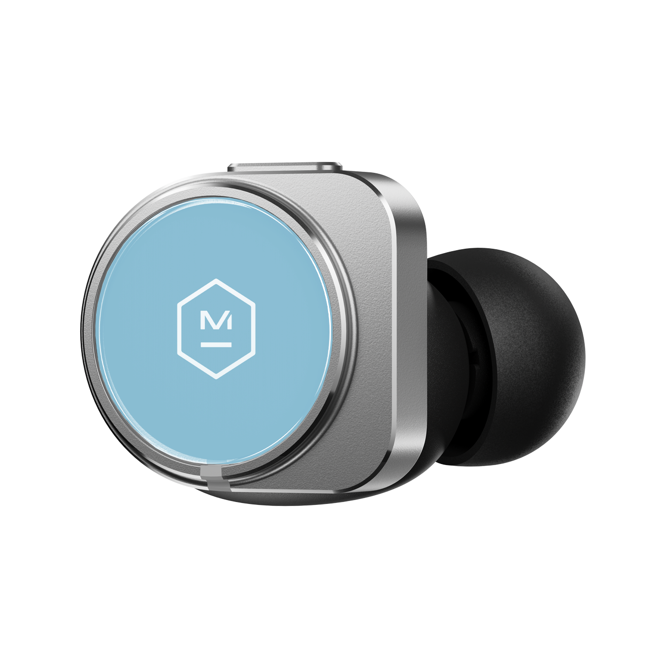 Close-up of a single turquoise and silver MW09 True Wireless Earphone shown from the side that faces out when worn | gallery MW09S8
