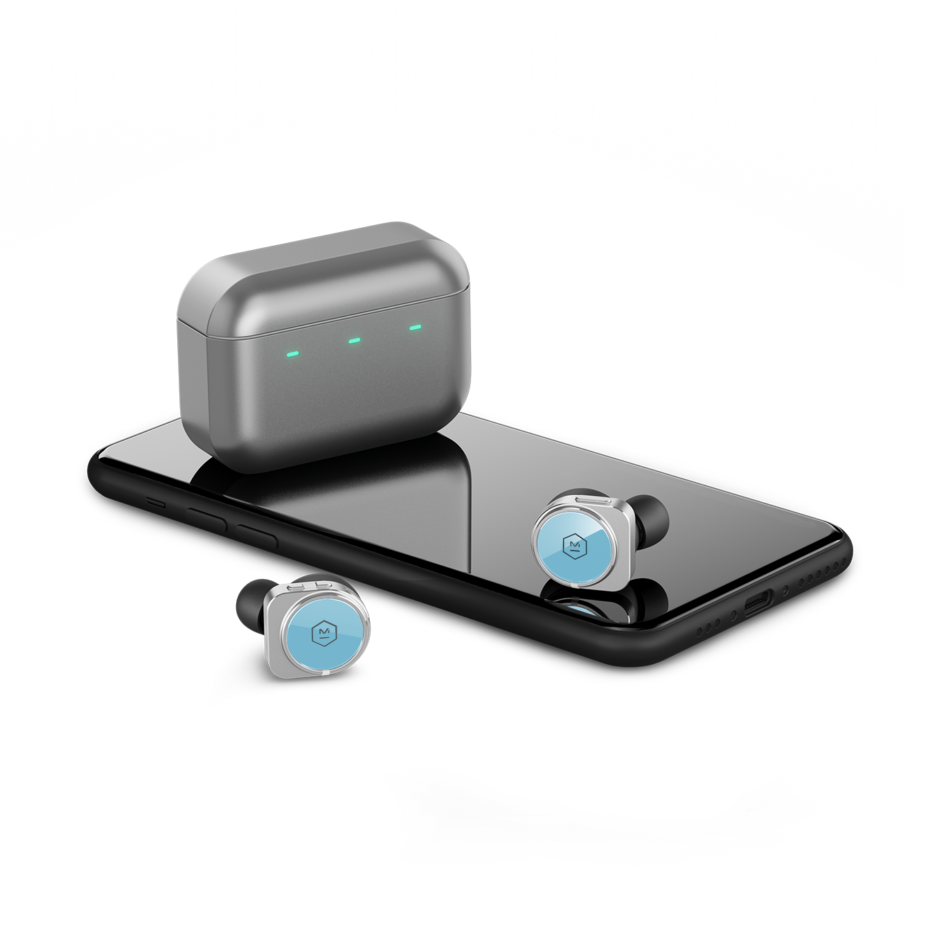 Pair of turquoise and silver MW09 True Wireless Earphones and silver charging case next to a black cell phone for scale | gallery MW09S8
