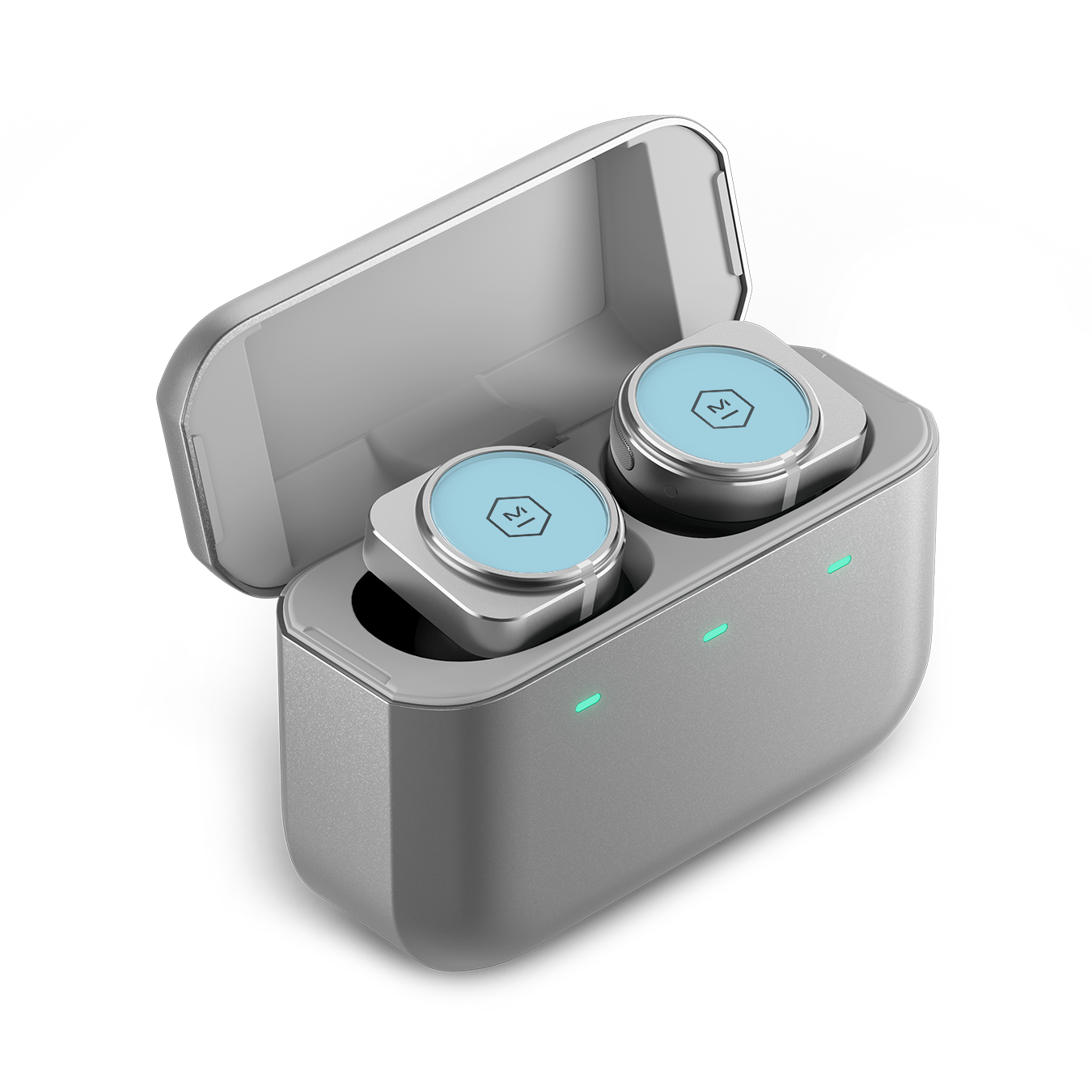 A pair of turquoise and silver MW09 True Wireless Earphones inside an open silver charging case | gallery MW09S8
