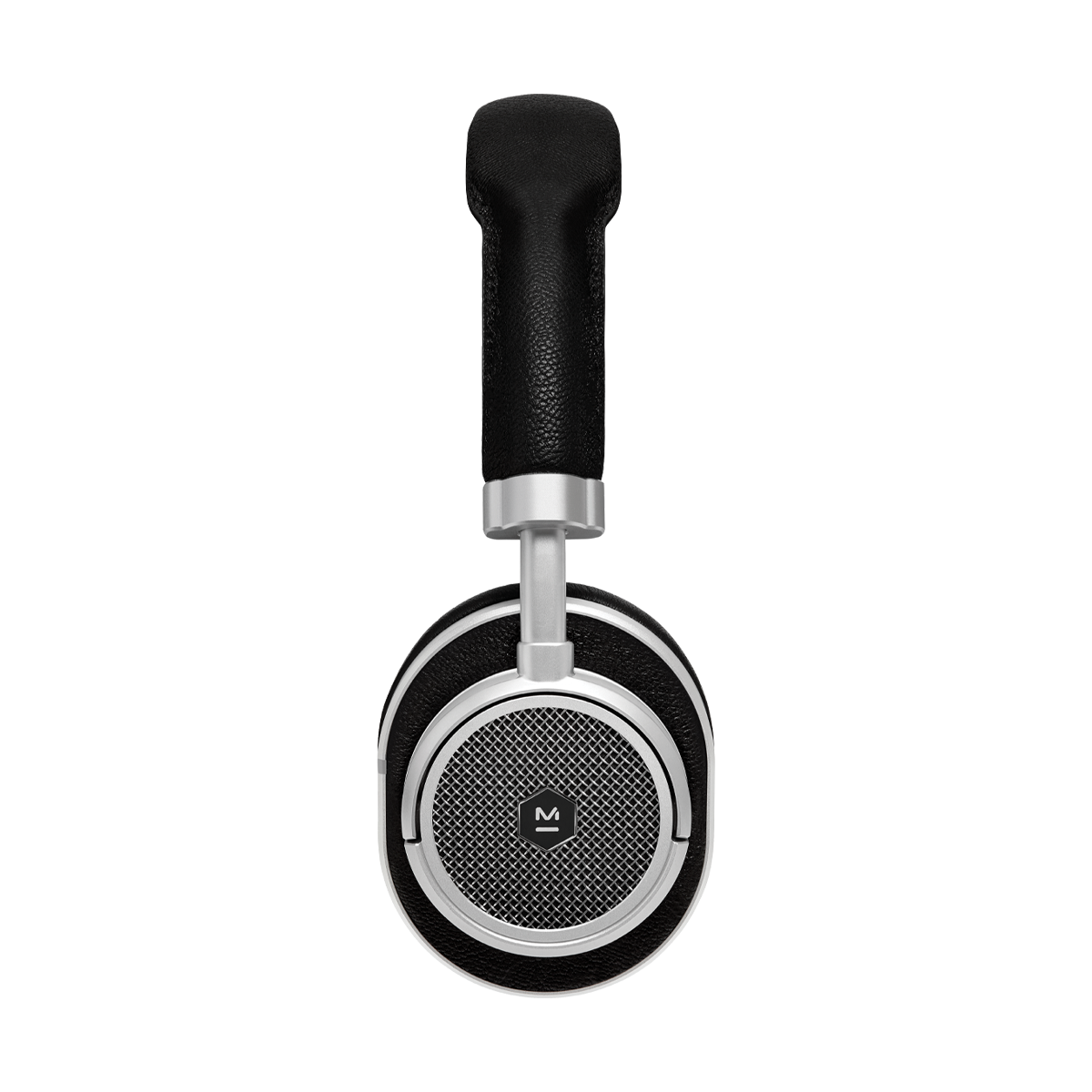 Side profile view of MW50+ 2-in-1 Wireless Headphones with on-ear earpads in silver aluminum and black leather | gallery MW50S1+