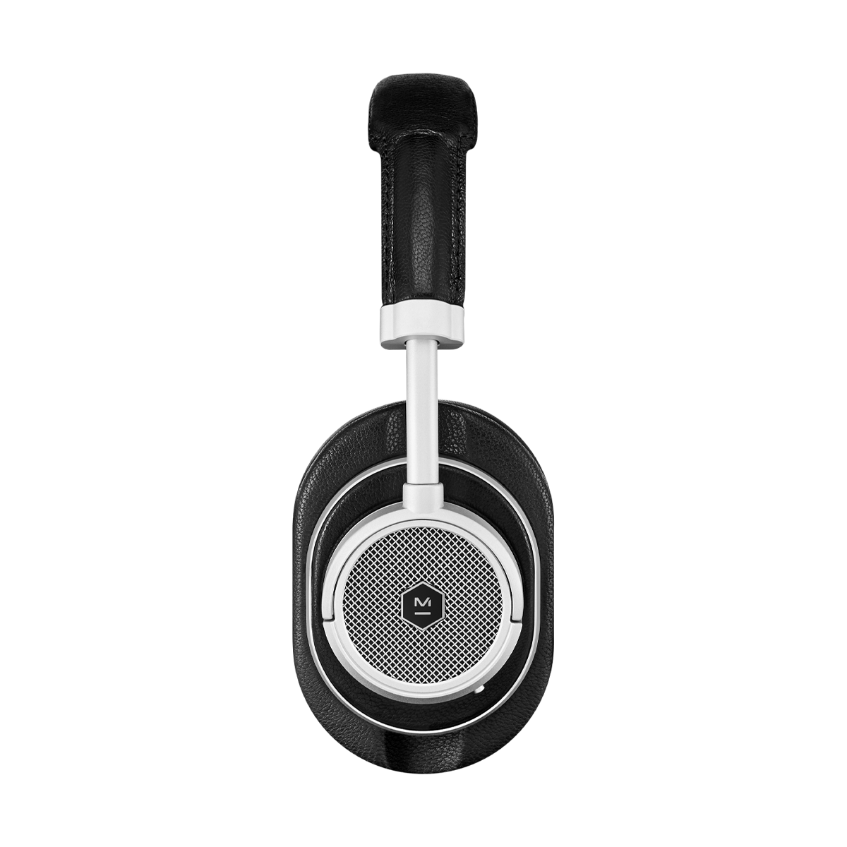 Side profile view of MW50+ 2-in-1 Wireless Headphones with over-ear earpads in silver aluminum and black leather | gallery MW50S1+