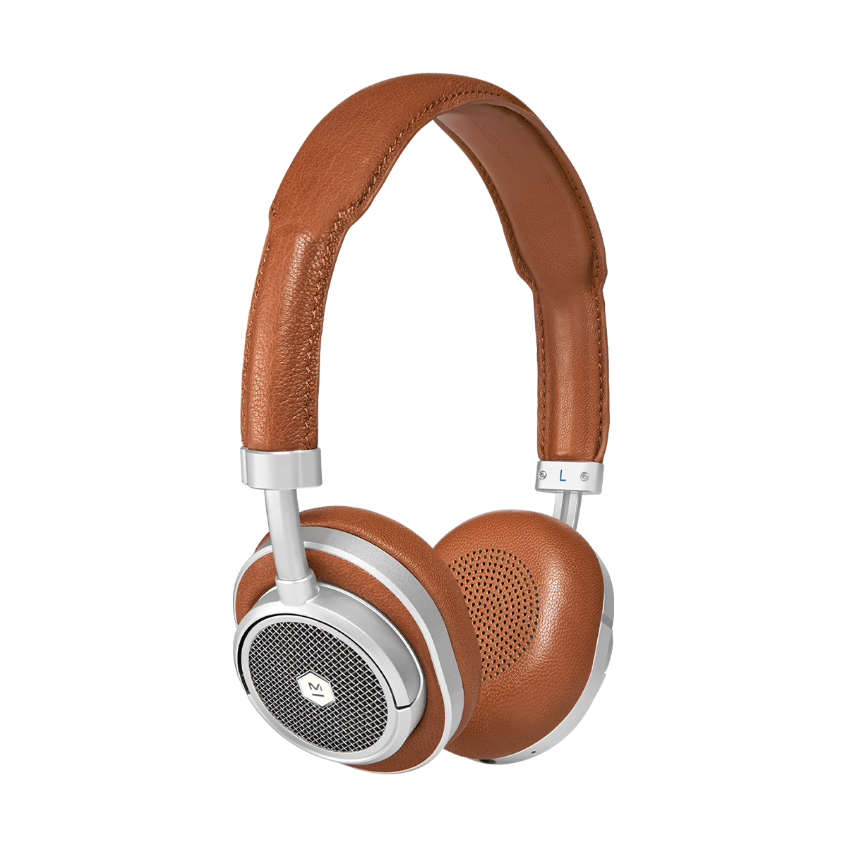 3/4 view of MW50+ 2-in-1 Wireless Headphones with on-ear earpads in silver aluminum and brown leather | gallery MW50S2+