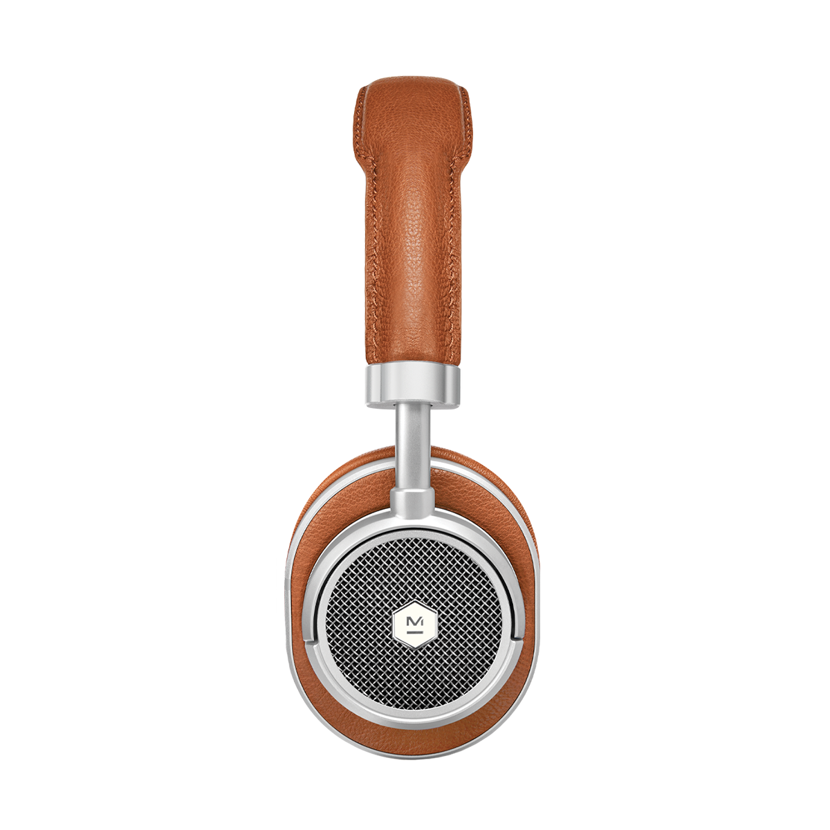 Side profile view of MW50+ 2-in-1 Wireless Headphones with on-ear earpads in silver aluminum and brown leather | gallery MW50S2+