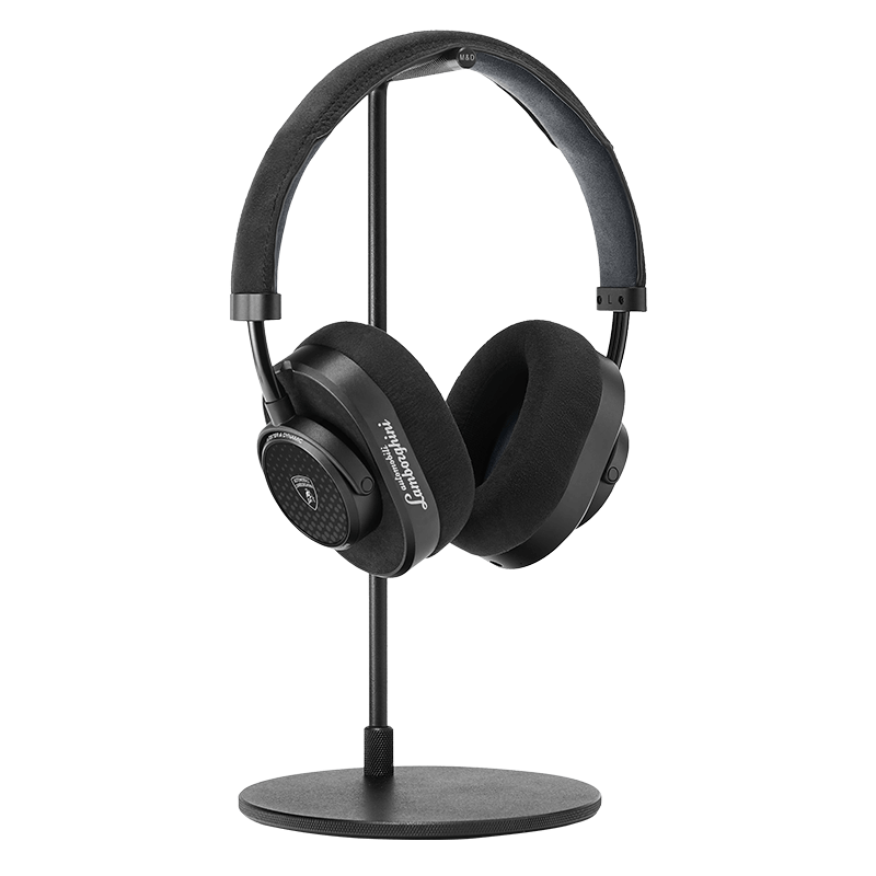Black leather and metal MW65 Wireless headphones with Automobili Lamborghini on the ear cup placed on a black headphone stand  | gallery MW65-LAM3