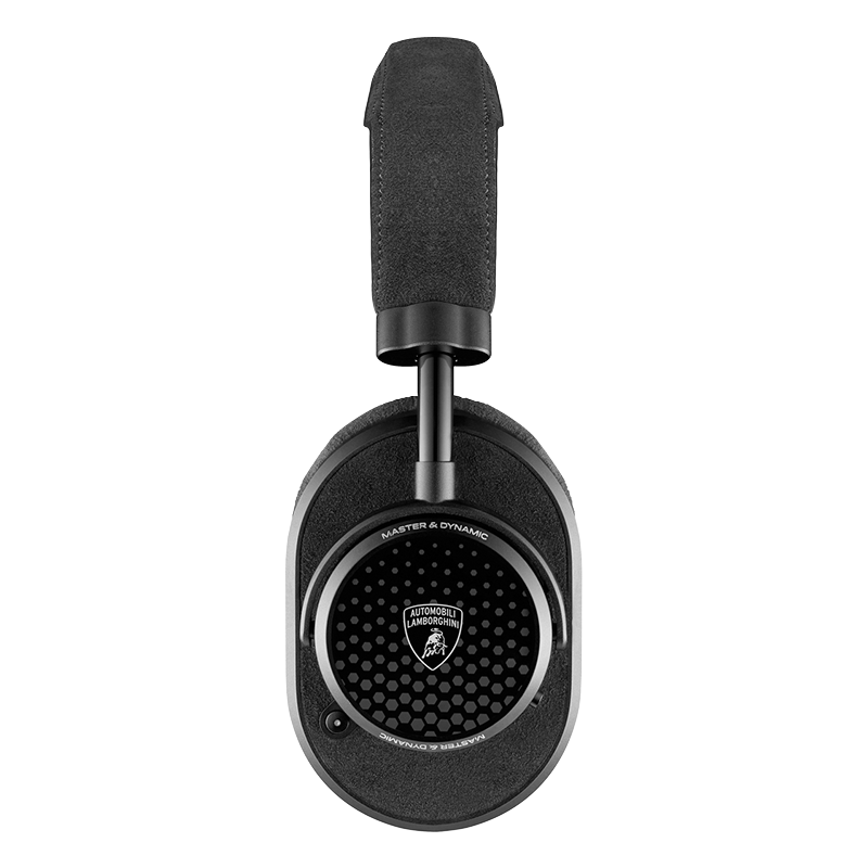 Side view of black leather, alcantara and metal MW65 Wireless headphones with Automobili Lamborghini logo on the ear cup  | gallery MW65-LAM2