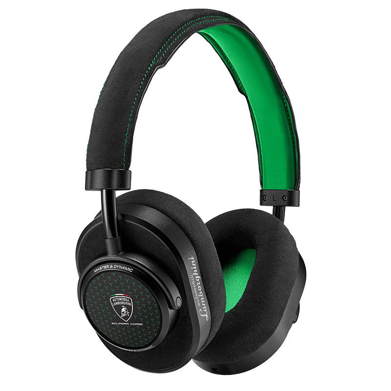Black leather and metal MW65 Wireless Headphones with Automobili Lamborghini logo on the ear cup showing black Alcantara ear pads and headband with inner green Alcantara headband and ear pads | gallery MW65LAM-SC1