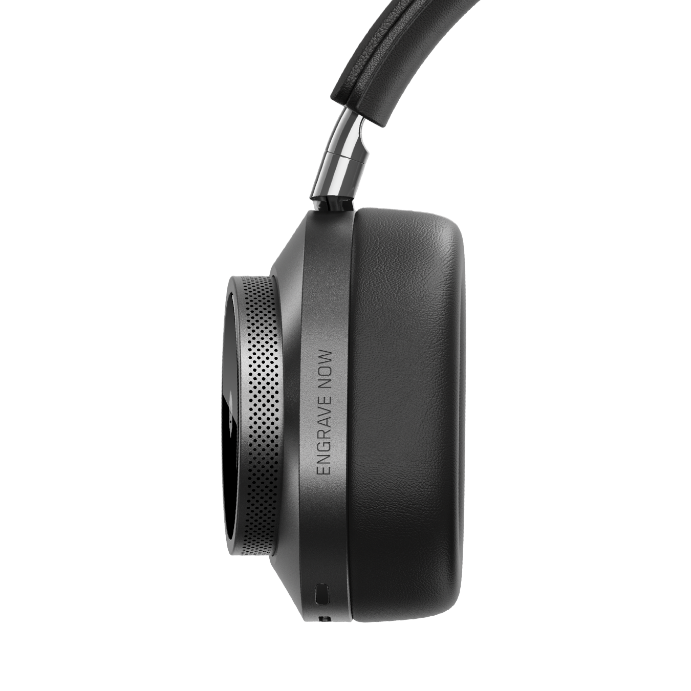 Close-up of gunmetal and black MW75 Active Noise-Cancelling Headphones showing ear cup with custom engraving that reads "ENGRAVE NOW" | gallery MW75G1