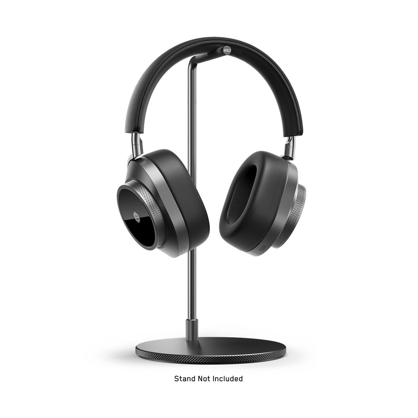 Gunmetal and black MW75 Active Noise-Cancelling Headphones placed on a gunmetal headphone stand | gallery MW75G1