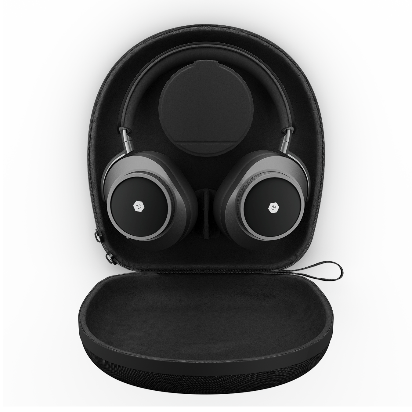 Gunmetal and Black MW75 Active Noise-Cancelling Headphones shown inside an open black hard shell carrying case with black accessories container | gallery MW75G1