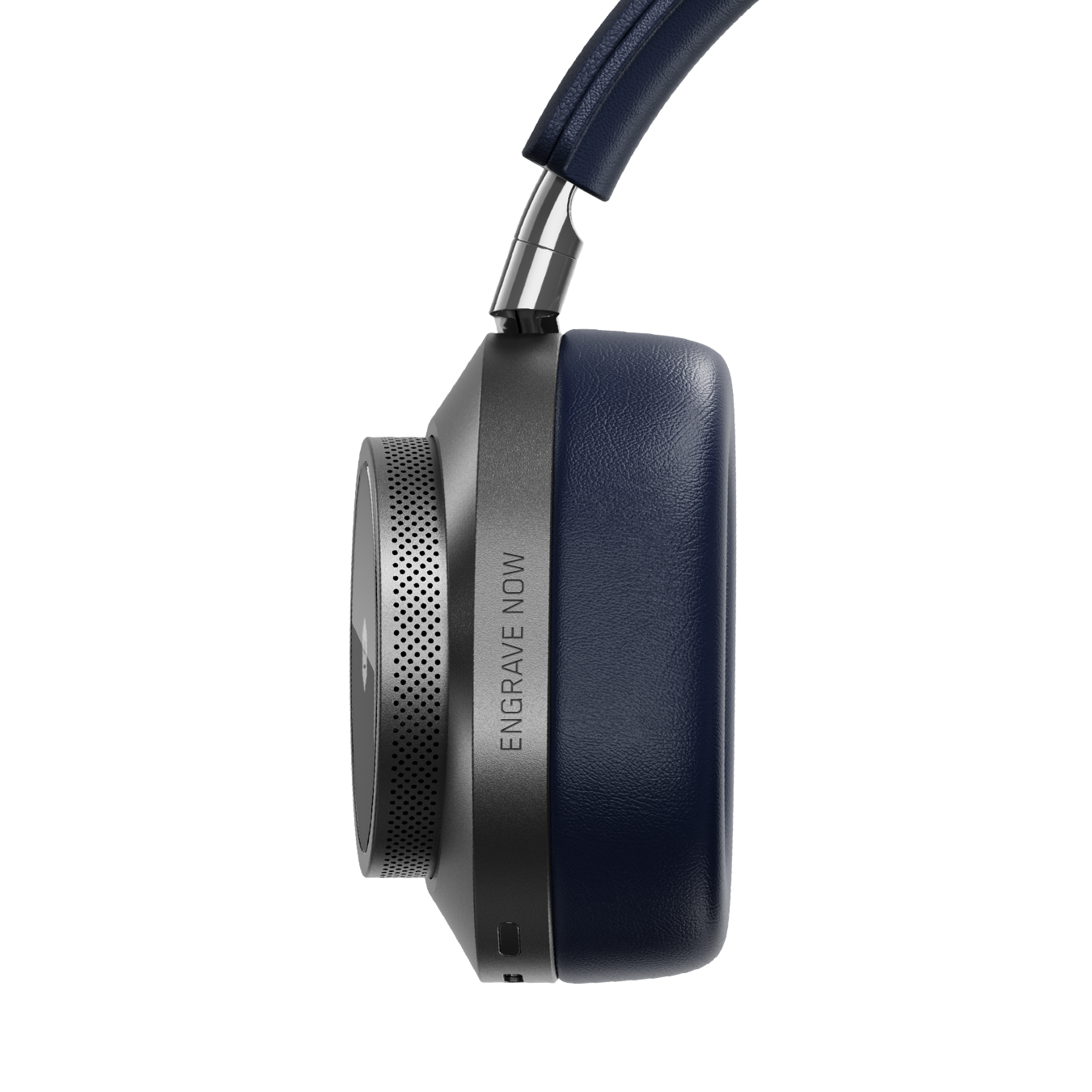Close-up of silver and navy MW75 Active Noise-Cancelling Headphones showing ear cup with custom engraving that reads "ENGRAVE NOW" | gallery MW75G4
